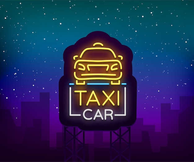 Taxi car design neon glowing logos concept template. 