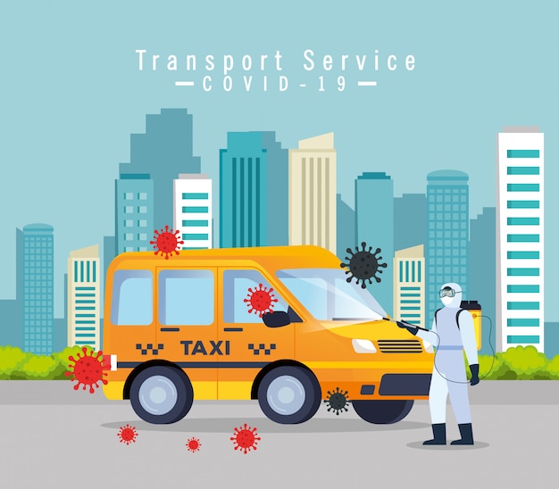 Taxi car disinfection service, prevention coronavirus covid 19, clean surfaces in car with a disinfectant spray, person with biohazard suit  illustration design