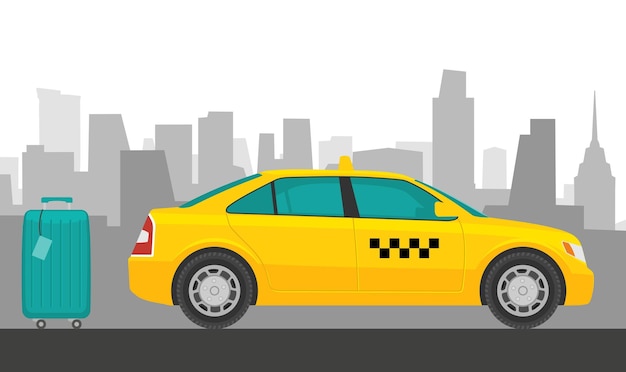 Taxi auto in stile piatto illustrazione vettoriale sfondo della città