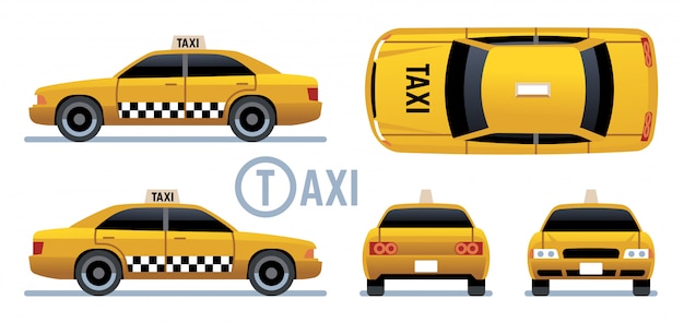 Auto taxi. cabina gialla vista laterale, anteriore, posteriore e superiore. set di taxi città dei cartoni animati