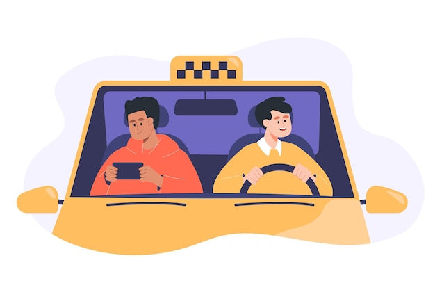 Taxi driver and client inside car flat vector illustration. male passenger sitting in car cabin and looking at mobile phone screen. guy looking at windscreen. vehicle, work concept