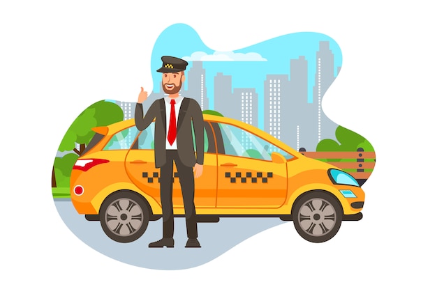 Vector taxi driver with car isolated cartoon character