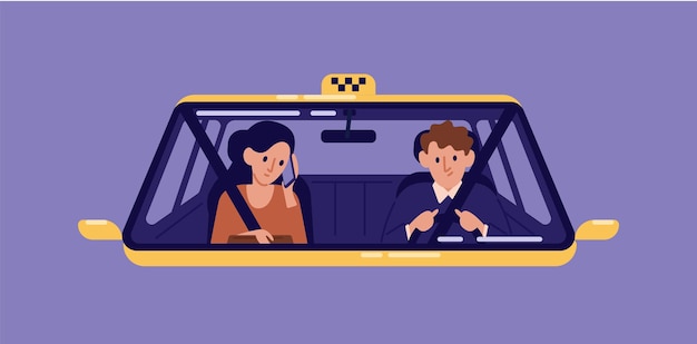 Tassista e giovane donna seduta sul sedile anteriore e parlando al telefono cellulare in cabina visto attraverso il parabrezza