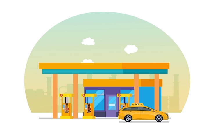 Vector taxi is fueled at gas station machine for transporting people