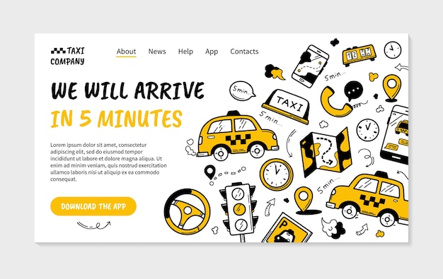 Taxi landing page in doodle style with cars