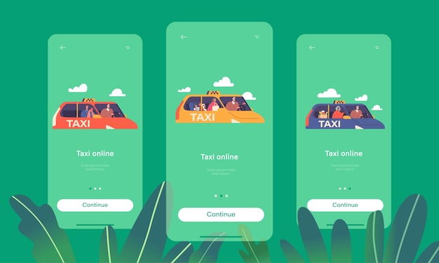 Vector taxi online mobile app page onboard screen template characters use taxi service customers or clients and driver