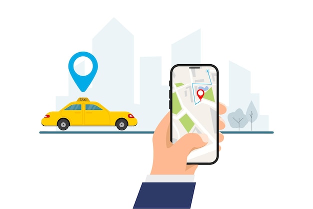 タクシー オンライン サービスのコンセプトです。手は都市の風景に携帯電話を保持します