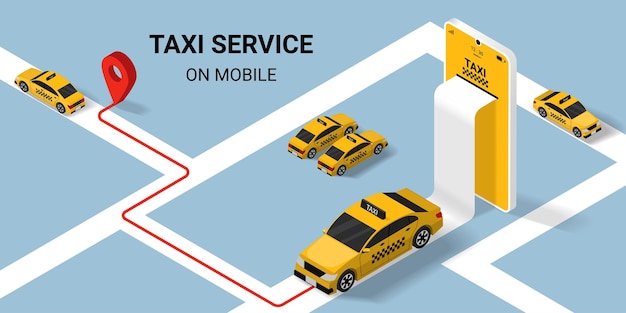 Вектор Концепция онлайн-сервиса такси желтое такси с дорогой и местоположением на мобильном приложении изометрическая векторная иллюстрация