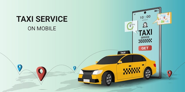 Taxi online service op mobiele applicatie met gele taxi en locatie op kaart Krijg een taxi Concept voor bestelling taxi service 3d perspectief vectorillustratie