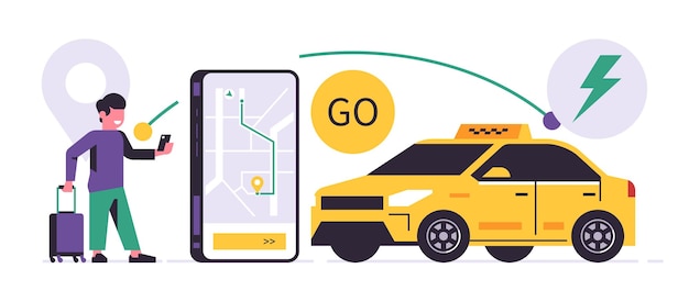 Taxi ordering service mobile app concept Phone with ordering a taxi on the city map on the display People transportation service Passenger and yellow car line sign icon Flat vector illustration