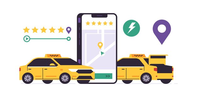Vector taxi ordering service mobile app concept phone with ordering a taxi on the city map on the display people transportation service yellow car line five star gps rate route pin icon