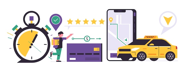 Taxi ordering service mobile app concept Phone with ordering a taxi on the city map on the display Urban cab service yellow car Bank card pay stopwatch Flat vector illustration