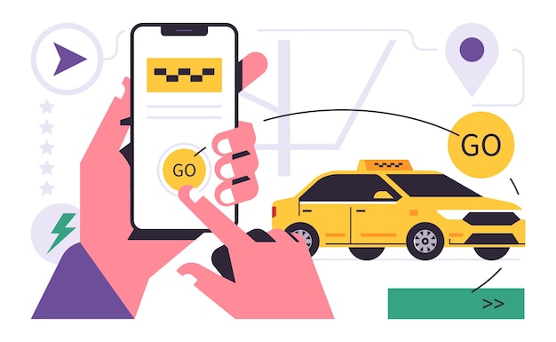 Concetto di applicazione mobile del servizio di ordinazione dei taxi una mano che tiene un telefono con la prenotazione di un taxi sul display mappa dell'auto icona del pin di strada segno piatto illustrazione vettoriale