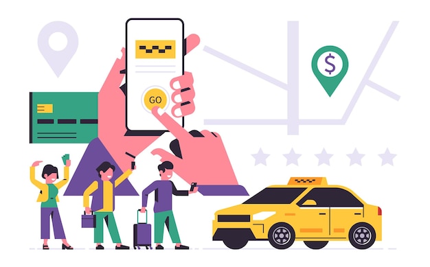 Concetto di applicazione mobile del servizio di ordinazione taxi una mano che tiene un telefono con la prenotazione di un taxi sul display passeggeri felici uomo e donnapagamento online con carta di credito per il servizio illustrazione piatta