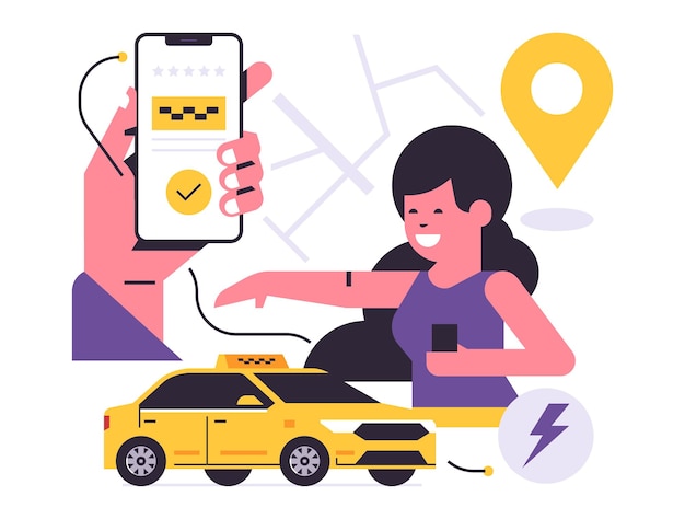 Taxi ordering service mobile application concept A hand holding a phone with booking a taxi on the display Happy woman yellow car city map gps point pin icon Flat vector illustration