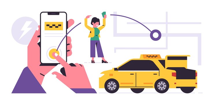 Vector taxi ordering service mobile application concept a hand holding a phone with booking a taxi on the display urban cab service yellow car city map happy woman flat vector illustration