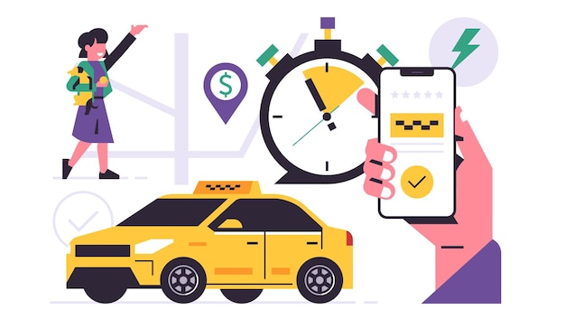 Concetto di applicazione mobile del servizio di ordinazione dei taxi una mano che tiene un telefono con la prenotazione di un taxi sul display servizio di taxi urbano giallo auto mappa della città donna felice illustrazione vettoriale piatto