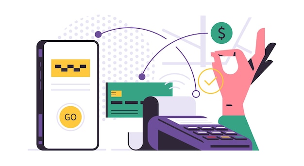 ベクトル タクシー注文サービスのモバイル アプリケーションのコンセプト 展示されているタクシーを注文するためのアプリケーションを備えた電話 市のタクシー サービスのオンライン決済の成功 銀行カード手 フラット ベクトル図