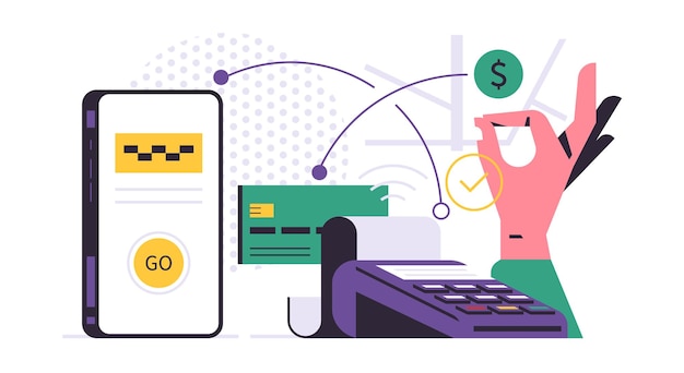 taxi ordering service mobile application concept phone with application for ordering a taxi on display successful online payment for the city cab service bank card hand flat vector illustration