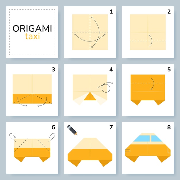 ベクトル タクシー折り紙スキームのチュートリアル 移動モデル 子供向け折り紙 かわいい折り紙の作り方を段階的に説明