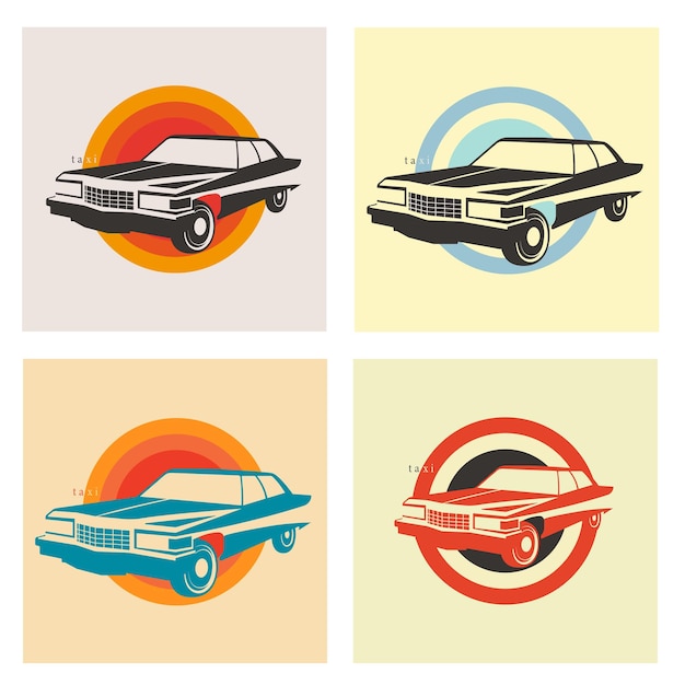 Vettore taxi auto rerto con carta anni '70 sfumata arancione, rossa, blu e gialla. illustrazione vettoriale di auto d'epoca.