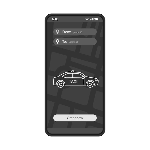 Modello vettoriale dell'interfaccia delle informazioni sul percorso del taxi interfaccia dell'app mobile layout del design nero servizio di ordinazione della cabina per smartphone posizione di ritiro e riconsegna dell'interfaccia utente piatta display del telefono con menu per l'ordine del taxi