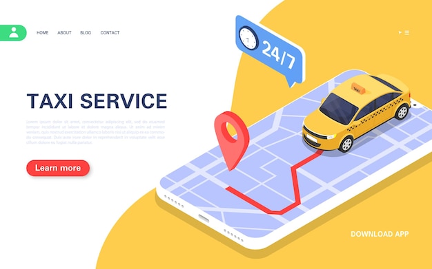 Taxi service banner. Mobile application for online ordering round-the-clock taxi. Vector isometric illustration.