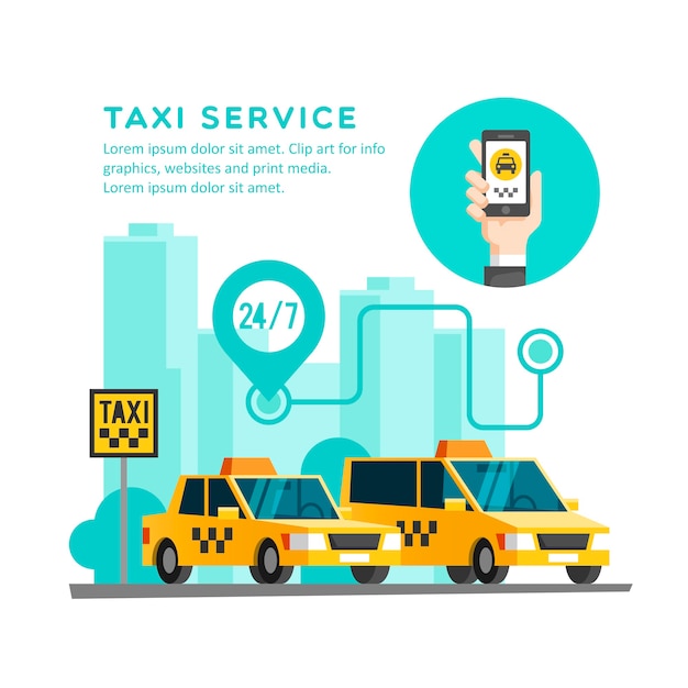 Vector taxi service concept. hand with smartphone - app on the screen of the mobile phone.