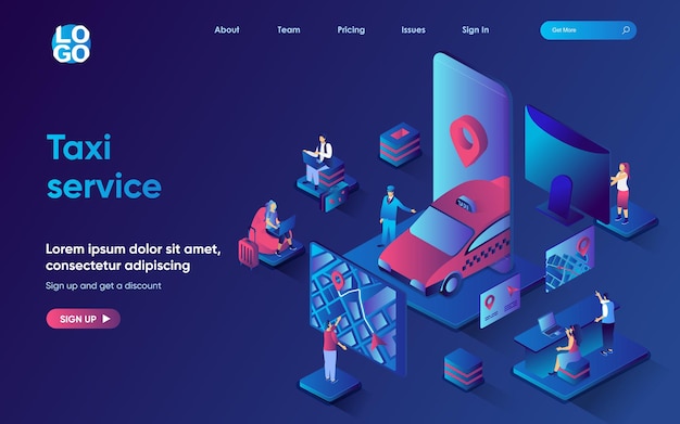 Taxi service concept isometric landing page online car booking transportation and route tracking