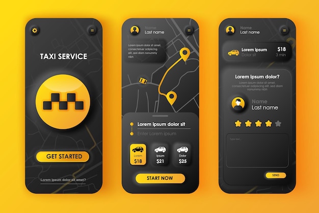 Set di modelli neumorfici del concetto di servizio taxi prenotazione auto online ui schermate della gui ux