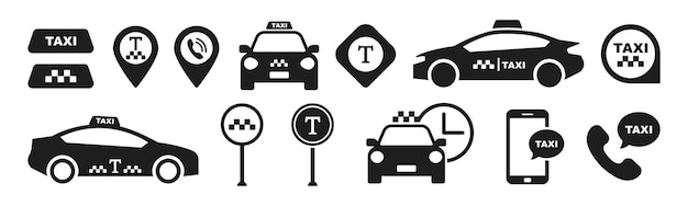 Vector taxi service icons set taxi car map pointers taxicab auto signs transport service isolated