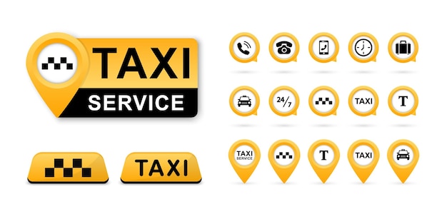 택시 서비스 아이콘 세트 택시 표지판 택시 지도 포인터