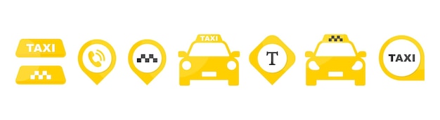 Vettore set di icone del servizio taxi puntatori gialli della mappa del taxi segnali automatici del taxi elementi del servizio di trasporto