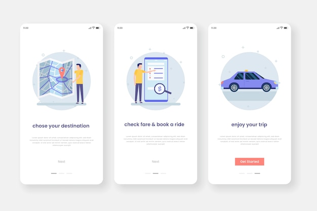 Schermate dell'app di onboarding del servizio taxi