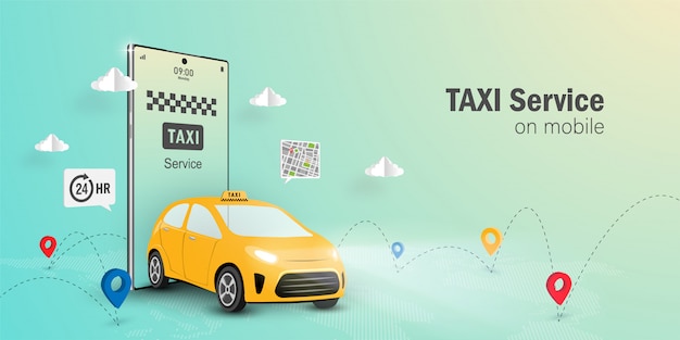 タクシーサービスオンラインコンセプト、携帯電話でのタクシーサービスアプリケーション。