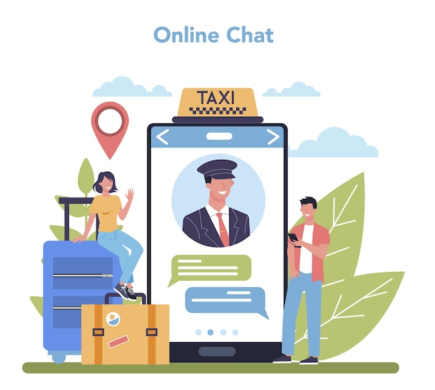Servizio o piattaforma online di servizio taxi. auto taxi giallo. idea di trasporto pubblico cittadino. chat online. illustrazione piatta isolata