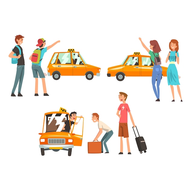 Taxi service set city transportation clients waving to taxi vector illustration