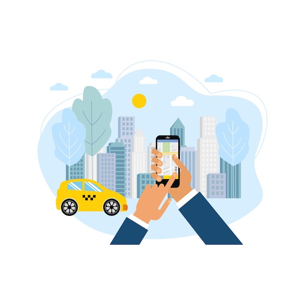 Vector taxi service smartphone and touchscreen city skyscrapers transportation network app