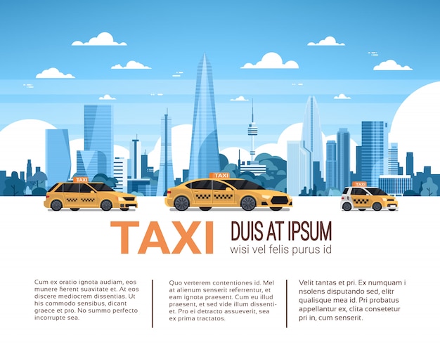 Vector taxi service template infographic banner with copy space, yellow cab cars over city background