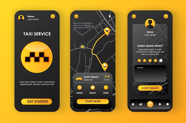 Taxi service unieke neomorfe kit voor app. online taxi boeken, verkeersroute op stadsplattegrond en chauffeursbeoordeling. transportservice ui, ux-sjabloon ingesteld. gui voor responsieve mobiele applicatie.