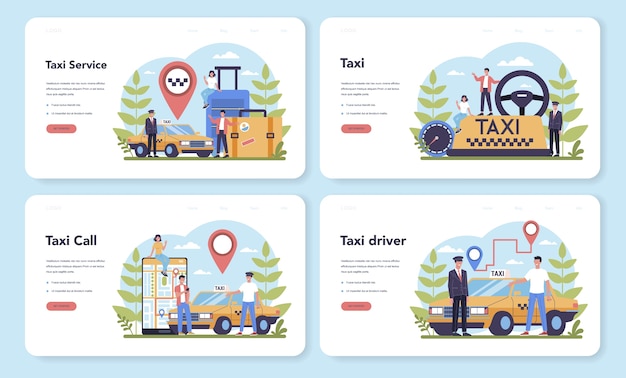 Set di pagine di destinazione web del servizio taxi. auto taxi giallo. cabina di automobile con conducente all'interno. idea di trasporto pubblico cittadino. illustrazione piatta isolata