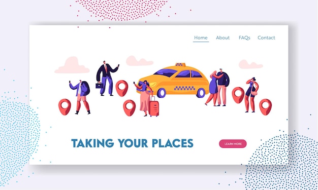 タクシーサービスのウェブサイトのランディングページ、人々はアプリケーションを使用してタクシー車を注文し、路上で黄色い車を捕まえます。ウェブサイトのランディングページテンプレート