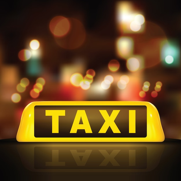 Taxi sign on car roof, on blurred street lighting background