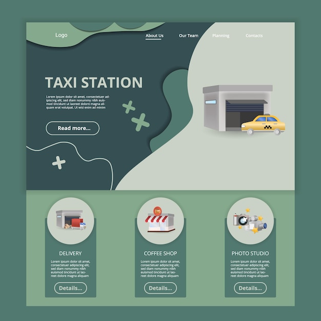 ベクトル タクシー駅の平らなランディングページのウェブサイトテンプレートの配信