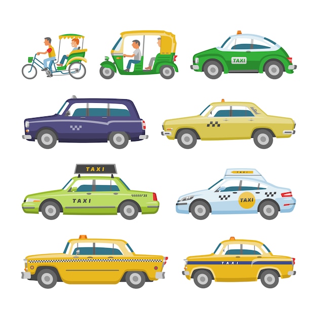 Taxi  taxicab transport and yellow car transportation illustration set of city cab auto on taxi-rank and taxi driver in automobile  on white background