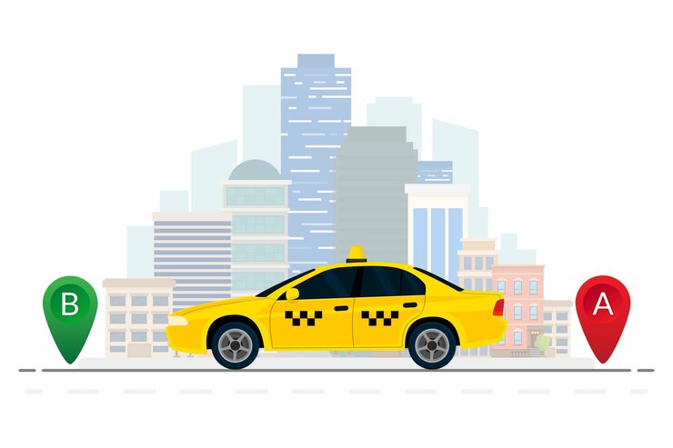 市内の赤と緑のロケーションマーカーが付いたタクシー車両の移動ルート