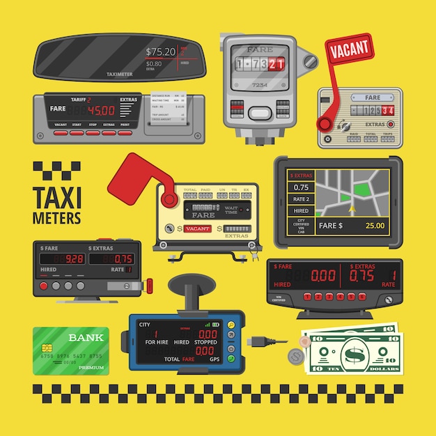 Taximeter vector cab car fare taxi meter device equipment measurement illustration