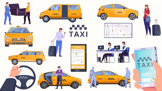 Taxiservice in verschillende werksituaties instellen platte vectorillustratie