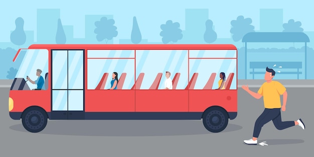 Te laat zijn voor bus egale kleur vectorillustratie. Man miste vervoer. Persoon die forens achtervolgt. Slechte gewoonte om te laat te komen. Running man in haast 2D stripfiguur met stadsgezicht op achtergrond