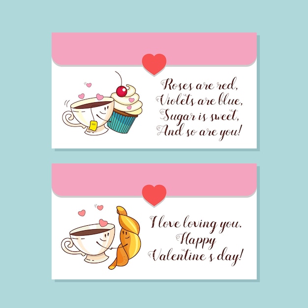 차와 케이크, 커피와 크루아상. 작은 봉투, 엽서. 사랑에 대한 벡터 인사말 카드입니다. 발렌타인 데이와 함께. 사랑에 대한 귀여운 만화 개념입니다.